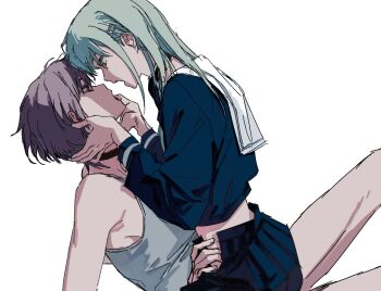 Rule 34 | 2girls, bang dream!, bang dream! it's mygo!!!!!, black choker, blue shirt, blue skirt, choker, commentary, eye contact, gommotheworld, green hair, hair ornament, hairclip, korean commentary, long hair, looking at another, multiple girls, open mouth, pink eyes, pleated skirt, purple hair, school uniform, shirt, simple background, skirt, straddling, tank top, tsukinomori school uniform, undone skirt, wakaba mutsumi, white background, white tank top, yuri, yuutenji nyamu