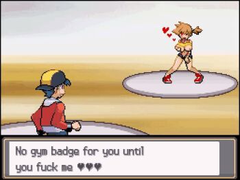 1boy 1girl ahegao animated animated_gif asymmetrical_hair bare_legs blush bouncing_breasts breasts crop_top dialogue_box english_text ethan_(pokemon) grabbing_another&#039;s_breast grabbing_own_breast green_eyes groping hetero large_breasts legs misty_(pokemon) nintendo nipples orange_hair pale_skin pixel_art pokemon pokemon_(anime) pokemon_(classic_anime) pokemon_battle pokemon_hgss ponytail red_footwear sex shirt shorts side_ponytail sleeveless sleeveless_shirt standing suspender_shorts suspenders tongue tongue_out turtle_sausage turtle_soup v vaginal yellow_shirt