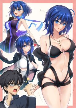 1boy 1girl ahoge bare_shoulders bikini black-framed_eyewear black_bikini black_gloves black_hair black_jacket black_necktie blue_dress blush breasts c.i.e.l_(fate) ciel-sensei_(fate) ciel_(tsukihime) collared_shirt commentary_request cross cross_necklace dress fate/grand_order fate_(series) flying_sweatdrops gakuran glasses gloves hair_between_eyes highres jacket jacket_on_shoulders jewelry large_breasts latin_cross long_sleeves looking_at_viewer mysterious_executor_c.i.e.l_(fate) navel necklace necktie off_shoulder official_alternate_costume one_eye_closed school_uniform shirt sleeveless sleeveless_dress star_ciel_(fate) swimsuit thighs tohno_shiki toomishou tsukihime tsukihime_(remake) two-tone_dress white_shirt
