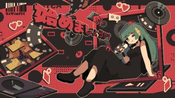 >_o 1girl :d another_pixel_artist aqua_eyes aqua_hair arm_support barcode black_dress bright_pupils commentary dress english_commentary heart highres long_hair looking_at_viewer microphone one_eye_closed open_mouth original outline pause_button phonograph pixel_art play_button red_background sitting smile solo spoken_expression turntable vinyl_record white_outline white_pupils