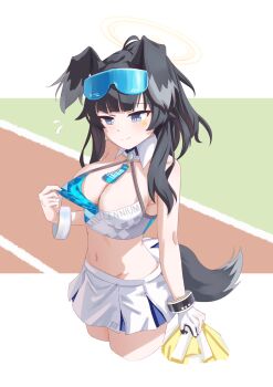 1girl absurdres akazaki_emu animal_ears black_hair blue_archive blue_eyes breasts cheerleader closed_mouth commentary_request dog_ears dog_girl dog_tail goggles goggles_on_head halo hibiki_(blue_archive) hibiki_(cheer_squad)_(blue_archive) highres holding holding_pom_poms long_hair millennium_cheerleader_outfit_(blue_archive) navel official_alternate_costume pom_pom_(cheerleading) pom_poms simple_background skirt solo star_(symbol) star_sticker sticker sticker_on_face tail yellow_halo