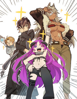 2boys 2girls abs animal_ears antenna_hair bikini black_capelet black_footwear black_robe black_shorts blonde_hair boots breasts broken_handcuffs brown_hair capelet cat_ears cliff_grimoire coat collar covering_one_eye demon_horns embarrassed emphasis_lines eyepatch feet_out_of_frame flat_chest fur_coat ghislaine_dedoldia green_eyes green_pants grey_hair grey_robe hand_on_own_face heterochromia holding holding_staff horns hosina_amagai kishirika_kishirisu large_breasts long_hair mage_staff micro_bikini multiple_boys multiple_girls mushoku_tensei navel one_eye_closed open_mouth pants pink_eyes pink_hair pointing pointing_up purple_eyes red_eyes robe rudeus_greyrat sharp_teeth short_shorts shorts sparkle staff swimsuit teeth thigh_boots toned toned_female trait_connection underboob upper_teeth_only v very_long_hair