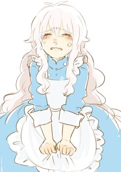 Rule 34 | 1girl, apron, apron hold, blue dress, blush, collared dress, commentary request, crying, dress, facing viewer, feet out of frame, frilled apron, frills, hair between eyes, kagerou project, kozakura marry, long hair, long sleeves, mandarin collar, nose blush, parted lips, sakusakusakuran, simple background, sleeves rolled up, snot, sobbing, solo, tears, very long hair, wavy hair, white apron, white background, white hair