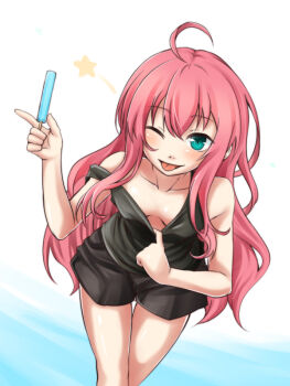 Rule 34 | 10s, 1girl, ahoge, breasts, dies irae, downblouse, female focus, food, from above, gradient background, ice cream, one eye closed, red hair, rusalka schwagerin, shinza bansho series, small breasts, solo, star (symbol), tongue, wink