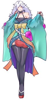 1boy absurdres arinoto_watari atsueco124 ball_bra geta gigantic_testicles hair_ornament highres japanese_clothes long_hair one_eye_closed original pink_eyes revealing_clothes sandals tall_male testicle_peek testicles thighhighs trap white_hair