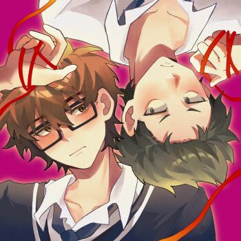 Rule 34 | 2boys, ace of diamond, akkk 1o, black-framed eyewear, black sweater, blue necktie, blush, brown hair, closed mouth, collared shirt, commentary, glasses, green hair, highres, kuramochi youichi, looking at another, male focus, miyuki kazuya, multiple boys, necktie, pink background, rectangular eyewear, shirt, simple background, sweater, untranslatable commentary, v-shaped eyebrows, white shirt, yaoi