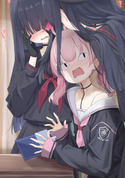 !? <|>_<|> 3girls black_gloves black_hair black_hat black_sailor_collar black_shirt black_skirt blue_archive blush book commentary gloves haamon_(harmon) hair_over_eyes hands_on_own_face hat highres holding holding_book justice_task_force_member_(blue_archive) koharu_(blue_archive) long_hair multiple_girls neckerchief no_eyes open_mouth pink_hair pink_neckerchief red_neckerchief sailor_collar shirt sidelocks single_bare_shoulder skirt twintails white_sailor_collar