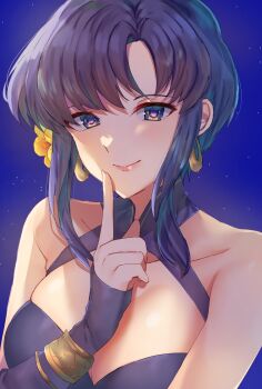 1girl bikini blue_bikini blue_eyes blue_hair breasts cleavage earrings edamameoka finger_to_mouth fire_emblem fire_emblem:_the_blazing_blade fire_emblem_heroes flower hair_flower hair_ornament highres jewelry large_breasts looking_at_viewer nintendo official_alternate_costume short_hair smile solo swimsuit upper_body ursula_(fire_emblem) ursula_(summer)_(fire_emblem)