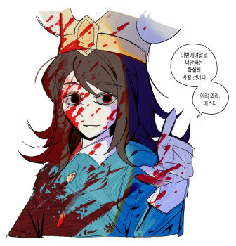 1boy abaddon_(haunted_hotel) abaddon_(human)_(haunted_hotel) blood blood_in_hair blood_on_clothes blood_on_face blood_on_hands brown_hair commentary_request crown dilated_pupils fake_horns haunted_hotel highres horned_headwear horns korean_commentary korean_text long_hair looking_at_viewer male_focus reaching reaching_towards_viewer red_eyes simple_background translation_request upper_body white_background yp_katelove