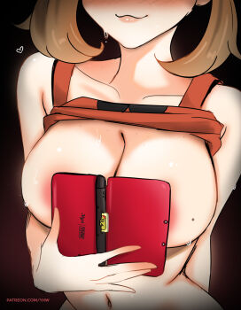 1girl absurdres boobs_in_book_(meme) breasts covering_breasts covering_privates eyes_out_of_frame handheld_game_console head_out_of_frame highres large_breasts lips may_(pokemon) mole mole_on_breast mystyhw naughty_face nintendo nintendo_3ds patreon_username sweat tagme teasing