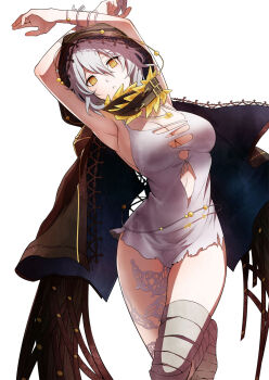 1girl armpits arms_up bandaged_leg bandages breasts bright_pupils cleavage cloak code_vein cropped dress female_focus hair_between_eyes highres hood hooded_cloak hoodie io_(code_vein) jewelry kurumi_kobayashi large_breasts looking_at_viewer necklace official_art parted_lips pendant short_dress short_hair silver_hair solo white_dress white_pupils wristband yellow_eyes