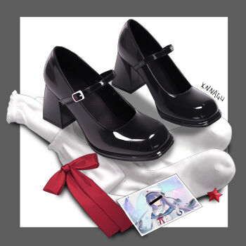 artist_name bar_censor black_footwear blue_sailor_collar border bow censored censored_identity grey_border hat high_heels highres holding holding_photo loafers mary_janes no_humans photo_(object) purple_hair red_bow red_ribbon ribbon sailor_collar shoes simple_background socks star_(symbol) still_life unworn_shoes white_background white_headwear white_socks xnnagu