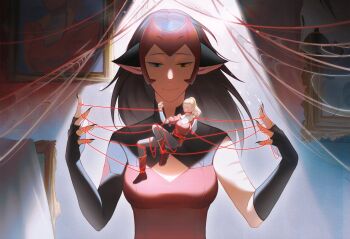 2girls adora_(she-ra) animal_ears asymmetrical_gloves black_eyes black_hair blonde_hair blue_sclera bodysuit bound cat_ears cat_girl catra claws cleavage_cutout clothing_cutout colored_sclera commentary english_commentary fingerless_gloves giant giantess gloves heterochromia highres jacket mask mini_person minigirl multiple_girls ponytail red_bodysuit red_jacket she-ra_and_the_princesses_of_power smile string string_of_fate uneven_gloves yellow_sclera youliqy