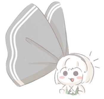 Rule 34 | 1girl, :d, black bow, black eyes, black hairband, blush stickers, bow, chibi, chibi only, collar, collared shirt, commentary request, green vest, hair bow, hairband, highres, konpaku youmu, no sclera, notice lines, open mouth, oversized object, rass-mameki, shirt, short hair, simple background, smile, solo, striped bow, touhou, vest, white background, white collar, white hair