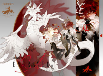 1boy antlers black_shorts black_thighhighs dragon english_text feathered_wings frills full_body hair_between_eyes hair_ornament highres horns liulianjingrua looking_at_viewer male_focus original pointy_ears red_eyes red_hair short_hair shorts thighhighs too_many too_many_frills wings