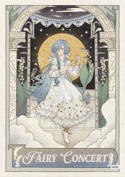 1girl 37_(reverse:1999) alternate_costume arch art_nouveau blue_eyes blue_hair border bow braid brown_border cloud column commentary_request dress english_text flower full_body grin hair_between_eyes hair_bow hands_up highres holding holding_instrument holding_stick instrument lily_of_the_valley long_dress long_hair long_sleeves looking_to_the_side official_alternate_costume pillar plant puffy_long_sleeves puffy_sleeves reverse:1999 shoes single_braid sitting smile solo star_(sky) stick triangle_(instrument) very_long_hair watermark white_bow white_dress white_flower white_shoes zhuyingmiao