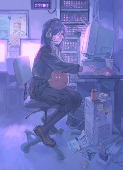 1boy 1girl 2017 bag black_bag black_footwear black_pantyhose black_serafuku black_shirt black_skirt blue_hair blue_sailor_collar book book_stack bookshelf bulletin_board cable can chair character_request chips_(food) closed_mouth coca-cola cola commentary computer computer_keyboard computer_mouse computer_tower crossdressing crt crumpled_paper cup dark_room desk disposable_cup doraemon doraemon_(character) drink_can drinking_straw english_text expressionless food from_side full_body glasses gundam gundam_00 gundam_exia gunpla hair_between_eyes haro headphones headset highres huangdanlan indoors leaning_forward loafers long_sleeves looking_at_viewer looking_to_the_side manga_(object) mcdonald's mecha_request microphone midriff_peek model_kit mouse_(animal) notepad office_chair open_book original pantyhose pink_eyes pleated_skirt power_cord power_strip purple_theme sailor_collar school_bag school_uniform screen_light serafuku server_(computer) shirt shoes sitting skirt soda_can sticky_note swivel_chair tieria_erde transformers whiteboard