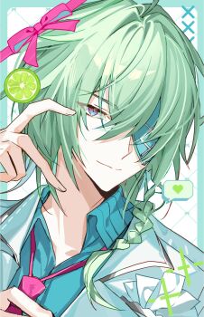 1boy anaxa_(honkai:_star_rail) b_soyo1 blue_eyes border braid closed_mouth collared_shirt commentary eyepatch food fruit green_border green_hair green_shirt hair_between_eyes hand_up hashtag-only_commentary heart highres honkai:_star_rail honkai_(series) jacket lime_(fruit) lime_slice long_hair looking_at_viewer male_focus necktie open_clothes open_jacket outside_border pink_necktie pink_ribbon portrait ribbon shirt single_braid smile solo white_jacket