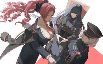 3girls absurdres accookie aiguillette aohitsugi_nemu asymmetrical_bangs belt belted_jacket black_bow black_capelet black_coat black_hat blue_dress blue_hair blue_skirt blunt_bangs blunt_ends bow breast_tattoo breasts buttons capelet chair cleavage clothing_request coat collarbone collared_shirt curly_hair double-breasted dress dutch_angle expressionless feet_out_of_frame floating_clothes floating_hair from_above hair_between_eyes hair_bow hair_over_one_eye hair_over_shoulder hands_on_lap hat highres hime_cut hypnosis_mic jacket jacket_on_shoulders kadenokoji_ichijiku kotonohatoh kotonohatoh_uniform lapels large_breasts long_hair long_skirt long_sleeves looking_at_viewer medallion medium_breasts multiple_belts multiple_girls notched_lapels on_chair pale_skin peaked_cap pink_hair pink_trim ponytail red_lips shadow shirt short_hair sidelighting simple_background sitting skirt standing steepled_fingers straight_hair tattoo tohoten_otome wavy_hair white_background white_hair white_shirt