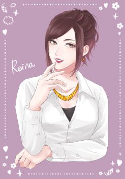 1girl breasts brown_hair chain character_name collarbone commentary_request earrings gold_chain highres jewelry kiritanpo_game large_breasts light_smile long_hair long_sleeves necklace red_lips reina_(ryuu_ga_gotoku) ryuu_ga_gotoku_(series) ryuu_ga_gotoku_1 shirt solo teeth upper_body white_shirt yellow_eyes