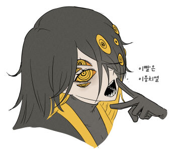 1girl big_bird_(project_moon) black_gloves black_hair blonde_hair colored_inner_hair colored_sclera commentary extra_eyes gloves hair_over_one_eye highres korean_text lobotomy_corporation long_sleeves looking_at_viewer misg1111 multicolored_hair one_eye_covered open_mouth personification project_moon ringed_eyes sharp_teeth simple_background solo symbol-only_commentary teeth translation_request two-tone_hair white_background yellow_eyes yellow_sclera