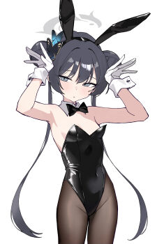 1girl absurdres alternate_costume animal_ear_hairband animal_ears arms_up bare_shoulders black_bow black_bowtie black_hair black_hairband black_leotard blue_archive bow bowtie breasts brown_pantyhose butterfly_hair_ornament closed_mouth cowboy_shot detached_collar double_bun expressionless fake_animal_ears gloves grey_eyes grey_halo hair_bun hair_ornament hairband halo highleg highleg_leotard highres kaminari_(edeath) kisaki_(blue_archive) leotard long_hair looking_at_viewer pantyhose playboy_bunny rabbit_ears rabbit_pose simple_background small_breasts solo strapless strapless_leotard white_background white_gloves