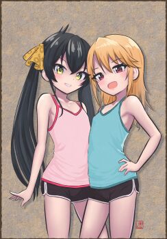 2girls absurdres black_hair black_shorts blonde_hair blue_camisole brown_background camisole commentary cowboy_shot dolphin_shorts elementary_(lolipope) flat_chest hand_on_own_hip highres idolmaster idolmaster_cinderella_girls long_hair looking_at_viewer matoba_risa multiple_girls open_mouth parted_lips pink_camisole purple_eyes short_shorts shorts smile twintails very_long_hair yellow_eyes yuuki_haru