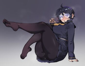 1girl blush breasts claw_pose difman from_side full-face_blush full_body hairband highres large_breasts legs_up looking_at_viewer looking_to_the_side open_mouth original panties panties_under_pantyhose pantyhose purple_background purple_eyes purple_hair purple_hairband purple_pantyhose purple_shirt purple_skirt round_eyewear school_uniform shirt short_hair sitting skirt soles solo steaming_body sweat toes underwear