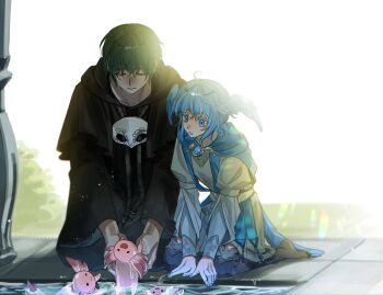 1boy 1girl :o absurdres ahoge animal axolotl bird_girl bird_legs bird_wings black_capelet black_hair black_robe blue_capelet blue_eyes blue_hair brooch capelet colored_eyelashes day dress feathered_wings final_fantasy final_fantasy_xiv finalkimchi14 full_body grey_dress half-closed_eyes head_wings hermes_(ff14) highres holding holding_animal hood hood_down hooded_capelet jewelry looking_at_animal looking_down mask mask_around_neck meteion outdoors robe seiza short_hair sitting sunlight unworn_mask v_arms water wings