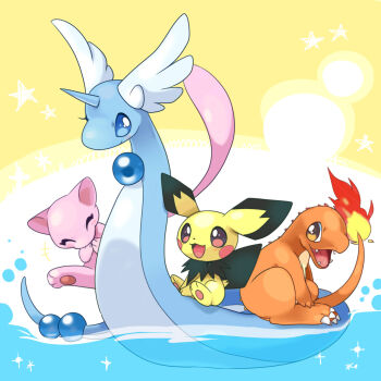 Rule 34 | :3, :d, ^ ^, animal focus, blue eyes, charmander, choko (sweetpocket), closed eyes, commentary request, dragonair, fire, gen 1 pokemon, gen 2 pokemon, head wings, highres, horns, laughing, legendary pokemon, light blush, looking at viewer, mew (pokemon), mythical pokemon, nintendo, no humans, open mouth, orange eyes, orb, pichu, pokemon, pokemon (creature), pokemon focus, riding, riding pokemon, single horn, sitting, smile, water, wings