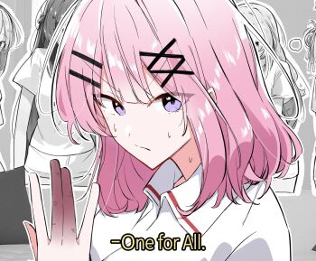 5girls amaori_renako ashigaya_high_school_uniform collared_shirt fingering_gesture hair_ornament hairclip hashtag-only_commentary highres jay_jay1519 long_hair looking_at_viewer multiple_girls parallel_hairclips parody pink_hair purple_eyes school_uniform shirt short_hair watashi_ga_koibito_ni_nareru_wake_naijan_murimuri! white_shirt x_hair_ornament yuri