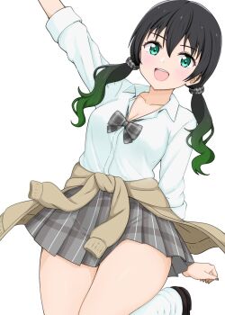 1girl alternate_hairstyle black_hair bow collarbone commentary_request green_eyes green_hair happy highres kurono_(pixiv1905129) long_hair love_live! love_live!_nijigasaki_high_school_idol_club open_mouth school_uniform shirt simple_background skirt solo standing takasaki_yu teeth upper_teeth_only white_background white_shirt