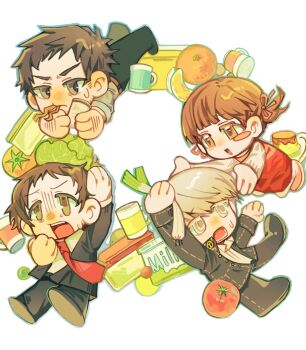 1girl 3boys adachi_tooru arm_up black_jacket black_pants blush brown_eyes brown_hair cabbage child closed_mouth collared_shirt cup doujima_nanako doujima_ryoutarou family food food_in_mouth formal_clothes fruit full_body grey_eyes grey_hair hashtag-only_commentary highres holding holding_food holding_spring_onion holding_vegetable jacket long_sleeves looking_at_another mbl_bg6969 mug multiple_boys narukami_yu necktie open_mouth orange_(fruit) pants persona persona_4 red_necktie school_uniform shirt short_hair simple_background smile spring_onion suit tomato twintails vegetable white_background white_shirt yasogami_school_uniform