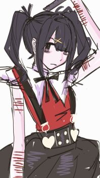 1girl ame-chan_(needy_girl_overdose) black_eyes black_hair black_ribbon black_skirt boxcutter buttons closed_mouth cuts hair_ornament hair_over_one_eye hatsuno heart holding holding_boxcutter injury looking_at_viewer needy_girl_overdose pleated_skirt red_shirt ribbon self-harm self-harm_scar shirt sidelocks simple_background sketch skirt solo suspender_skirt suspenders twintails white_background x_hair_ornament