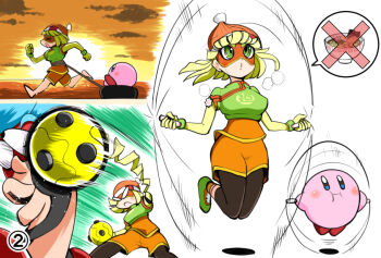 1girl arms_(game) beanie blonde_hair bob_cut domino_mask exercising eye_mask furumoto_yuuya green_eyes hat jumping kirby kirby_(series) mask megawatt_(arms) min_min_(arms) nintendo orange_hat orange_shorts punching ringed_eyes running short_hair shorts spring_man_(arms)