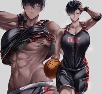 1girl abs armband baggy_clothes ball basketball_(object) basketball_jersey basketball_shorts basketball_uniform black_armband black_hair black_nails blush breasts brown_eyes cleavage collarbone colored_tips commentary dark-skinned_female dark_skin earrings english_text grabbing_own_breast grey_hair groin hair_between_eyes hair_over_eyes half-closed_eyes hand_in_own_hair hand_on_own_neck highres huge_breasts jewelry kobun0 large_breasts lifting_own_clothes looking_at_viewer looking_down may_(ulularts) mole mole_under_eye multicolored_hair muscular muscular_female nail_polish navel original shorts simple_background smile solo sportswear sweat sweatdrop teeth tomboy toned toned_female underboob untranslatable_commentary white_background wolf_cut wristband yellow_eyes
