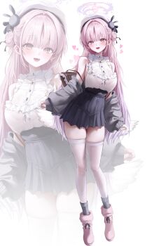 Rule 34 | 1girl, :d, absurdres, bare shoulders, black skirt, blue archive, blush, breasts, commentary request, furuming1, grey jacket, grey socks, halo, heart, highres, jacket, large breasts, long hair, long sleeves, mika (blue archive), off shoulder, open mouth, pink hair, pink halo, pink shoes, shirt, shirt tucked in, shoes, skirt, sleeveless, sleeveless shirt, smile, socks, thighhighs, very long hair, white background, white shirt, white thighhighs, yellow eyes, zoom layer