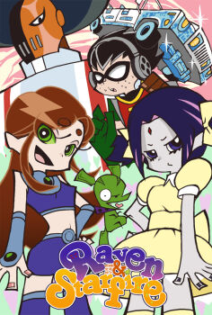 2girls 3boys alien animal bad_id bad_pixiv_id beast_boy_(dc) black_hair car cartoon_network character_name chuck_(psg) cosplay cyborg_(dc) dc_comics deathstroke dick_grayson domino_mask eye_mask green_eyes mask motor_vehicle multiple_boys multiple_girls one-eyed panty_&amp;_stocking_with_garterbelt parody purple_eyes purple_hair raven_(dc) robin_(cosplay) robin_(dc) slade_wilson starfire style_parody teen_titans tyuugokuikitai