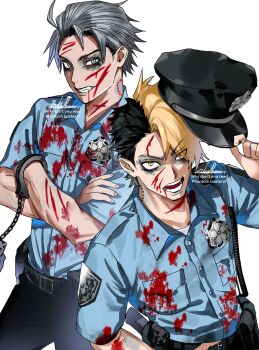 Rule 34 | 2boys, bite mark, bite mark on neck, black hair, black pants, blonde hair, blood, blood on clothes, blood on face, blue shirt, commentary request, crossed arms, grey hair, hat, highres, looking at viewer, makeup, male focus, multicolored hair, multiple boys, neoshoco, official art, pants, phantom busters, police, police hat, police uniform, runny makeup, shirt, shirt tucked in, short hair, simple background, sunao usami, teeth, two-tone hair, white background, wrist cuffs, yoshiki nika