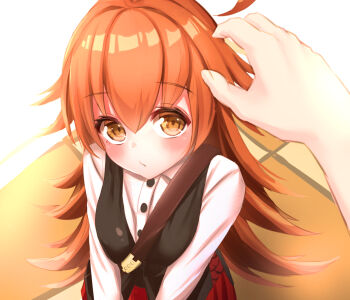 1girl 1other between_breasts black_vest breasts brown_eyes brown_hair commentary_request duel_masters duel_masters_play's from_above hanato_nato kokko_rupiko long_hair long_sleeves pov pov_hands red_skirt shirt skirt strap_between_breasts tatami vest white_shirt