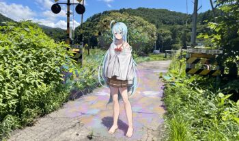 1girl absurdres ahoge aqua_eyes aqua_hair barefoot bow bowtie brown_skirt bush commentary_request day denpa_onna_to_seishun_otoko expressionless full_body highres kinakojojo long_hair outdoors photo_background pleated_skirt railroad_crossing red_bow red_bowtie road shirt single_off_shoulder skirt solo standing touwa_erio white_shirt