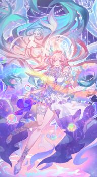 1girl absurdres aqua_hair bare_shoulders breasts commentary cyrene_(honkai:_star_rail) cyrene_(ripples_of_past_reverie)_(honkai:_star_rail) diamond-shaped_pupils diamond_(shape) dress flower full_body hair_flower hair_ornament halo high_heels highres honkai:_star_rail honkai_(series) large_breasts long_hair looking_at_viewer multicolored_hair pink_hair pink_nails por_(_por_tt) purple_eyes smile solo symbol-only_commentary symbol-shaped_pupils thighs very_long_hair white_dress white_hair