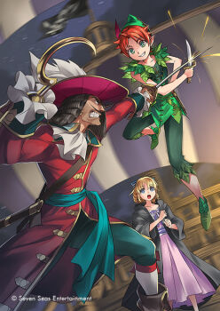 1girl 2boys blue_eyes captain_hook child copyright_notice dress green_eyes hat holding holding_knife holding_sword holding_weapon hook_hand jolly_roger knife kriss_sison multiple_boys open_mouth peter_pan_(novel) peter_pan_(novel_character) pink_dress pirate pirate_hat ponytail sword weapon wendy_darling