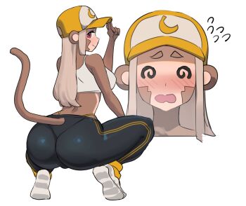 1girl @_@ animal_ears ass baseball_cap blonde_hair breasts hat highres hyenahonk large_breasts long_hair monkey_ears monkey_girl monkey_tail original pink_eyes simple_background squatting tail thick_eyebrows white_background