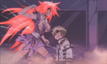 1boy 1girl :< animated animated_gif blood breasts cleavage downblouse grabbing_another's_breast grey_hair groping hetero kurokami_medaka lowres medaka_box red_hair spoilers string unzen_myouri