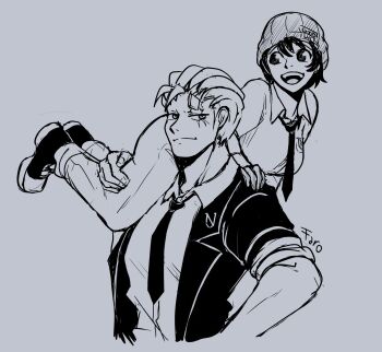 andy_(undead_unluck) beanie black_hair black_shirt breasts carrying carrying_person couple full_body gloves greyscale hat highres izumo_fuuko large_breasts monochrome necktie shirt smile thick_thighs thighs undead_unluck union_emblem_(undead_unluck) upper_body white_hair white_shirt