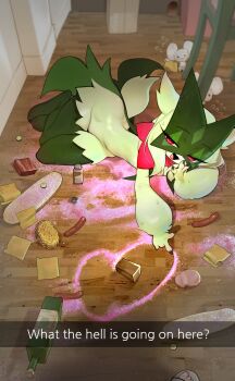 1girl :3 absurdres animal_feet animal_hands animal_nose artist_name black_eyes blurry blurry_background body_fur bottle bread breasts cat_girl cheese claws cucumber depth_of_field english_text fang female_focus flying_sweatdrops food full_body furry furry_female glitter green_fur green_hair groin half-closed_eyes ham hand_to_own_mouth hand_up happy heart highres indoors legs_together looking_at_viewer lying meowscarada mouse_(animal) mouse_hole nintendo on_floor on_side open_mouth pasta photo-referenced pokemon pokemon_(creature) pokemon_sv red_eyes salt salt_shaker sausage short_hair signature small_breasts smile smoliv snapchat solo_focus spaghetti spill sweat tail tandemaus turn_pale two-tone_fur wooden_floor yuio58ok