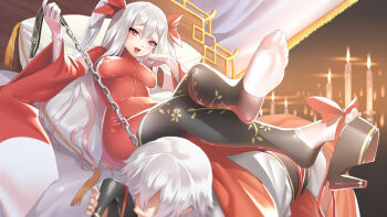 10s 1boy 1girl all_fours black_thighhighs bodysuit breasts brother_and_sister candle chain chained chaos_dragon commentary_request covered_erect_nipples crossed_legs elbow_gloves artistic_error feet femdom footrest girl_on_top gloves hair_ribbon highres human_furniture ibuki_(chaos_dragon) inori_(chaos_dragon) leash long_hair long_sleeves open_mouth original pillow platform_clogs platform_footwear platform_heels red_eyes ribbon sadism shoe_dangle shoes siblings silver_hair single_shoe sitting skin_tight smile smoke_(flyx21) socks soles thighhighs toeless_legwear toes twintails very_long_hair white_gloves wide_sleeves wrong_foot yandere