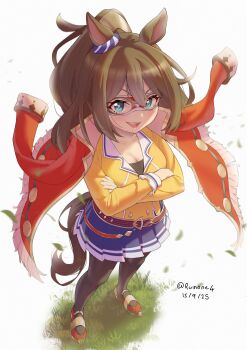 1girl :d absurdres animal_ears belt black_hair black_thighhighs blue_eyes blue_skirt bracelet breasts brown_hair collarbone commentary_request crossed_arms dated domino_mask el_condor_pasa_(el_numero_1)_(umamusume) el_condor_pasa_(umamusume) eye_mask full_body hair_between_eyes highres horse_ears horse_girl horse_tail jacket jacket_on_shoulders jewelry long_hair looking_at_viewer mask medium_breasts open_mouth red_shoes ruinone shirt shoes simple_background skirt smile solo standing tail thighhighs twitter_username umamusume white_background wristband yellow_shirt