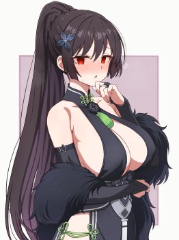 1girl absurdres arm_under_breasts black_bridal_gauntlets black_dress blue_archive blush breasts bridal_gauntlets brown_hair china_dress chinese_clothes cleavage collarbone commentary_request commission cosplay dress hair_ornament heart highres jewelry large_breasts looking_at_viewer milliani mix_tou paid_reward_available parted_lips pixiv_commission ponytail rance_(series) rance_x red_eyes ring shun_(blue_archive) shun_(blue_archive)_(cosplay) sidelocks solo standing